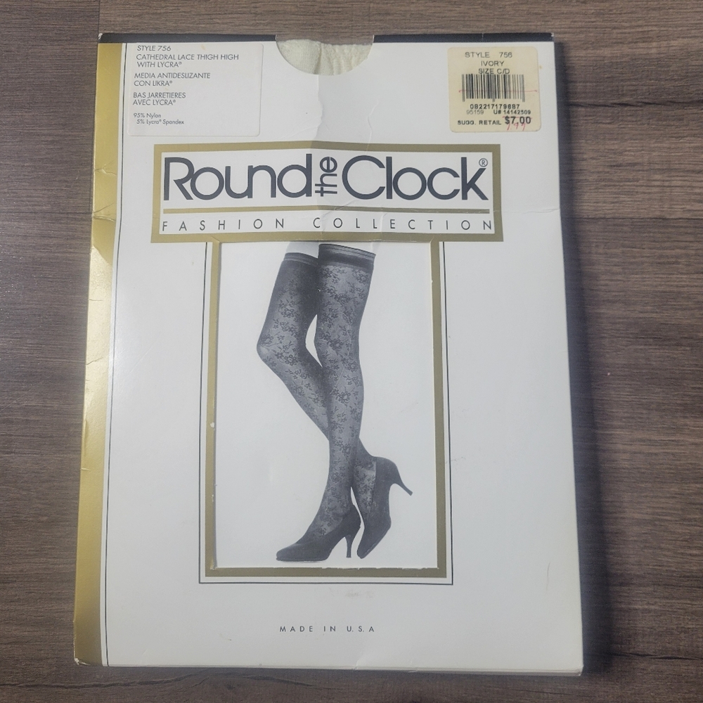 Vtg Round The Clock Nylon Thigh High IVORY Style 765 Size C/D Made In USA